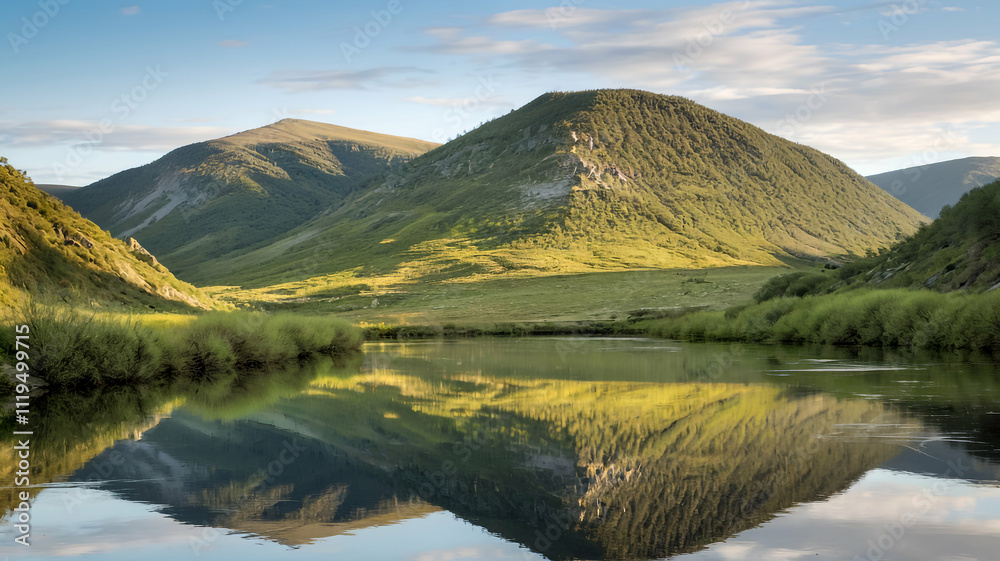 A panoramic landscape of a mountain lake surrounded by lush green forests A panoramic landscape of a mountain lake surrounded by lush green forests