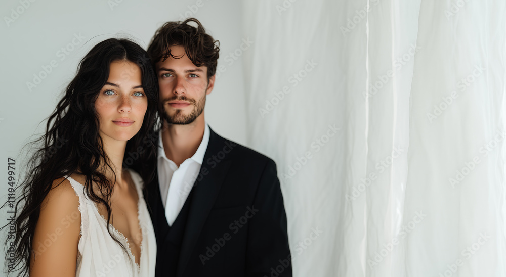 Elegant bride and groom showcasing their love in a serene setting with soft drapery and natural light during an intimate wedding ceremony Elegant bride and groom showcasing their love in a serene setting with soft drapery and natural light during an intimate wedding ceremony