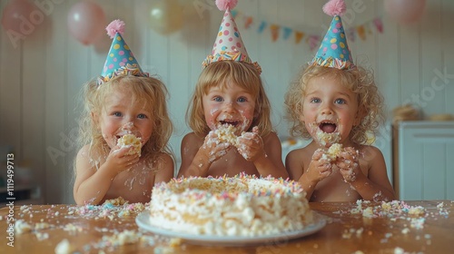 Three children with European features celebrate a birthday, smiles and cake crumbs on their faces, in a festive atmosphere with colorful party hats. photo