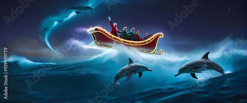 A crayonstyle illustration of a magical sleigh powered by smiling dolphins leaping through an ocean under a starry sky photo