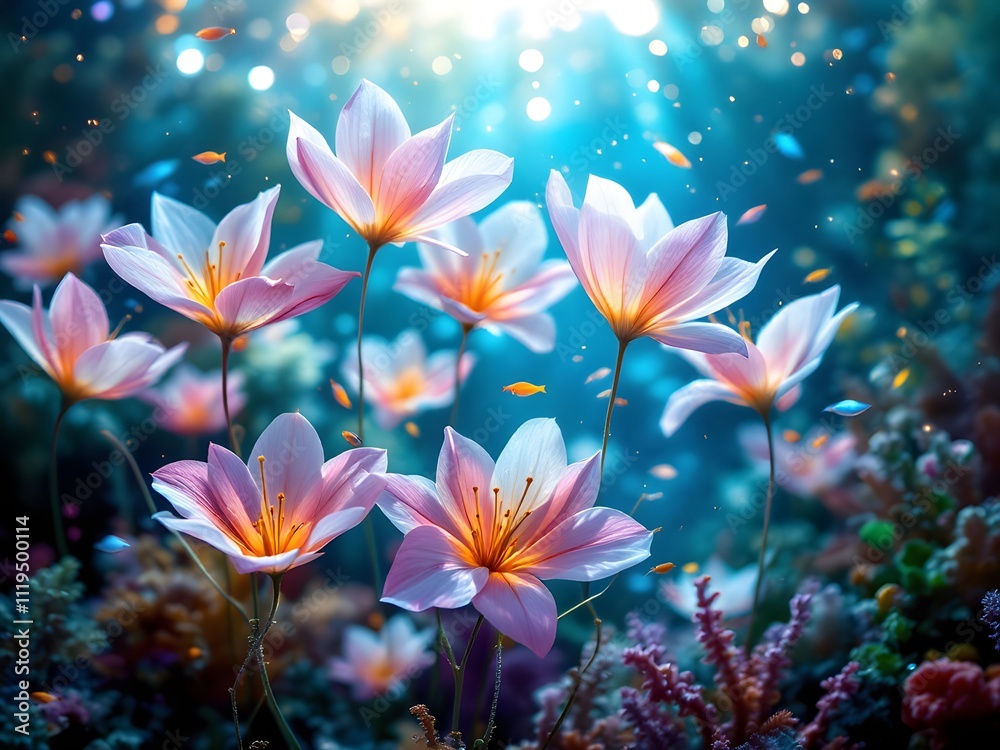 flowers in the water with the sun behind them flowers in the water with the sun behind them