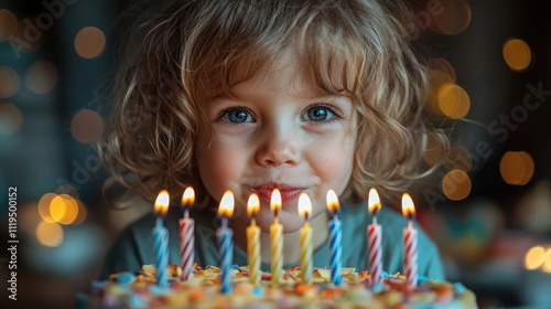 A young child with curly hair joyfully smiles while holding a cake adorned with lit candles. The background is filled with colorful bokeh lights, creating a festive atmosphere. photo