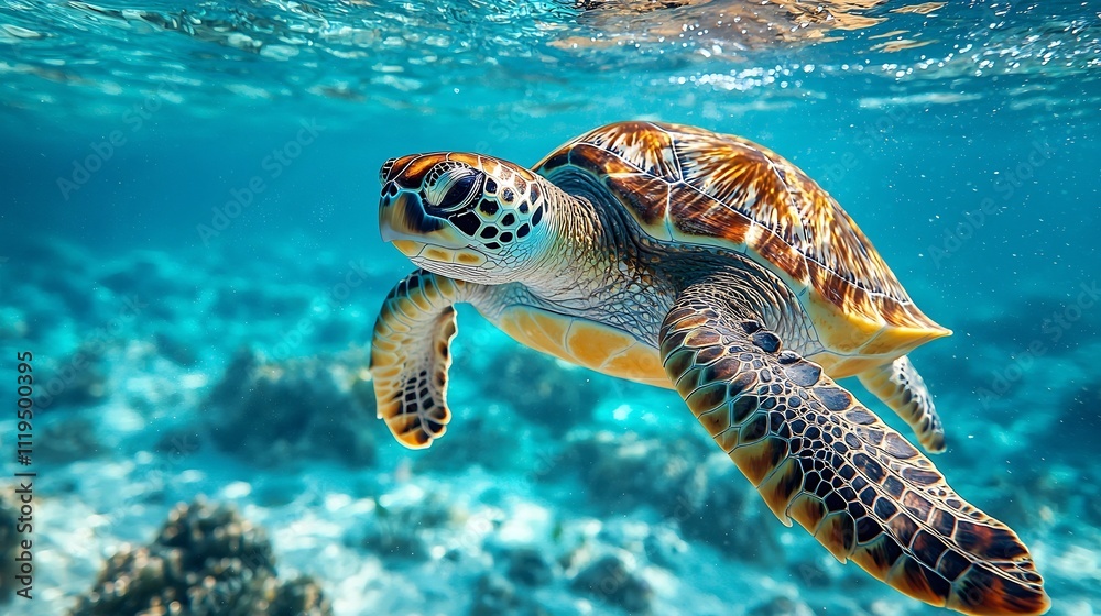 Obraz premium Chilled Turtle Floating on Ocean with Sleek Waterproof Headphones Enjoying Calming Music