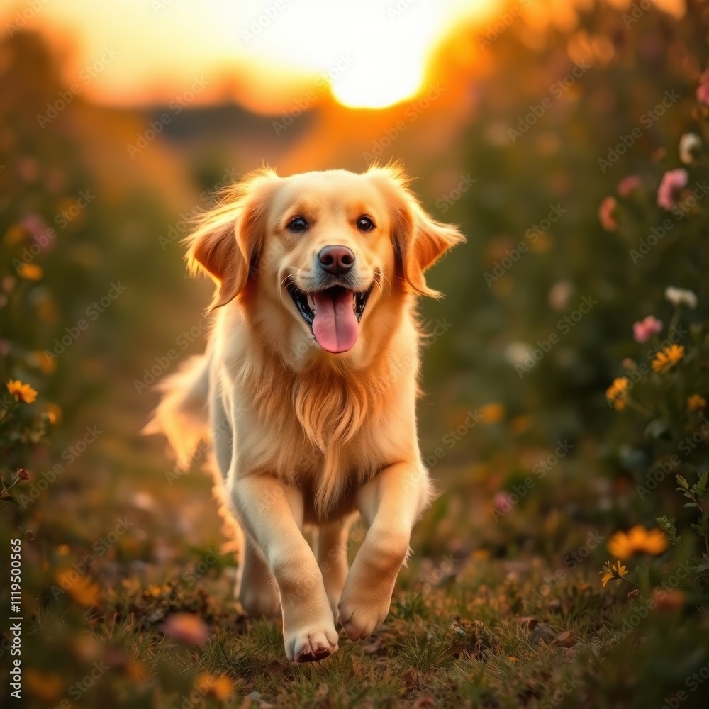 Obraz premium a dog running through a field of flowers at sunset