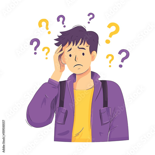 Flat Vector Illustration of a Confused Man with Question Marks