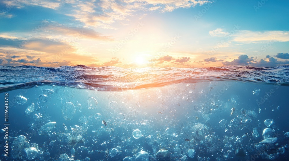 Bright Ocean with Floating Plastic Pollution at Sunset