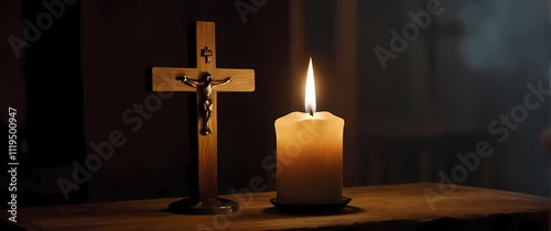 A macro shot of a single candle flame flickering in front of a wooden cross with wax pooling at its base photo