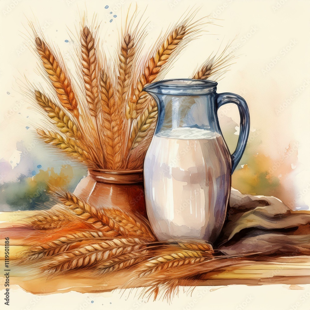 Φωτογραφία This delightful watercolor artwork depicts a charming milk jug paired with wheat