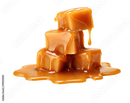 Caramel candies and caramel sauce isolated on transparent background Png	