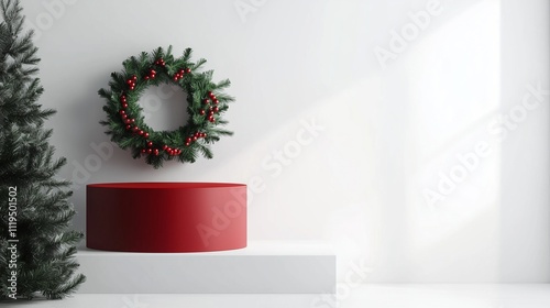 Stylish Christmas Display with Red podium with white background