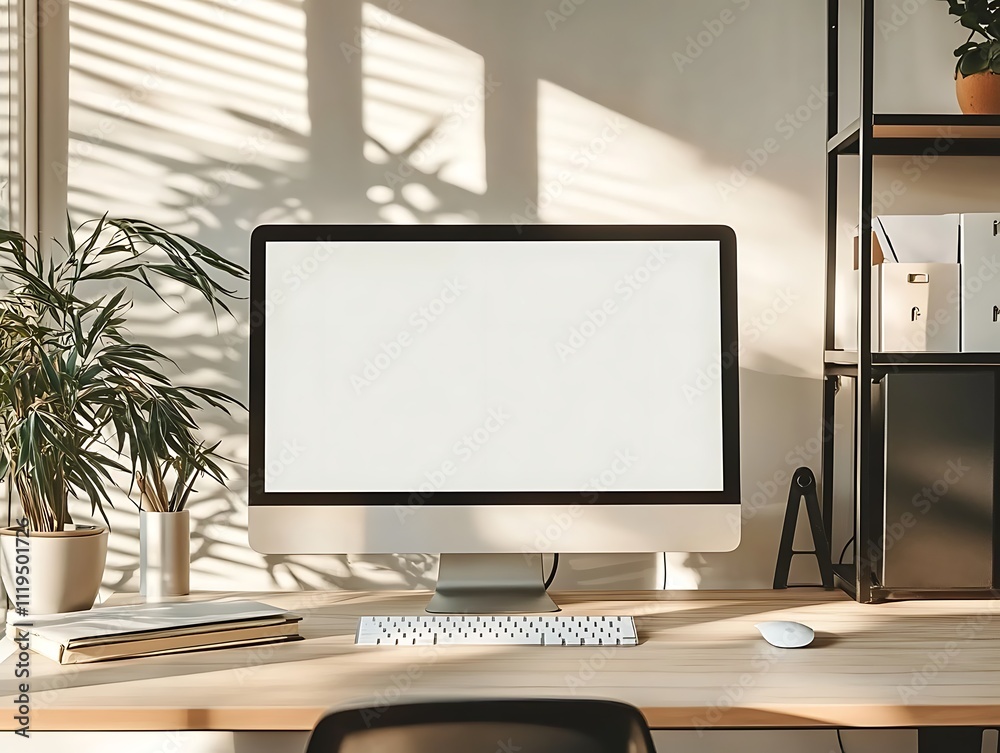 Mockup of a blank computer screen on a modern office desk with plants, Generative Ai Mockup of a blank computer screen on a modern office desk with plants, Generative Ai