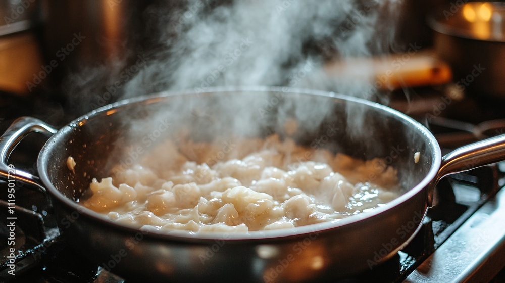 Chef cooking dumplings in a steaming pan in a restaurant kitchen Chef cooking dumplings in a steaming pan in a restaurant kitchen