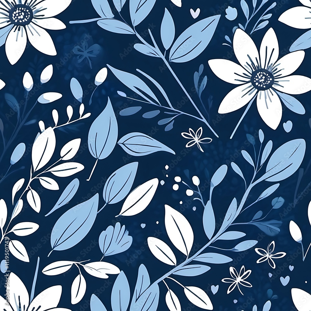 Fototapeta premium Blue Floral Pattern: A delicate and enchanting seamless pattern featuring white and blue floral motifs on a deep navy background. Ideal for textile prints, wallpaper, and digital designs. 