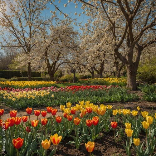Wallpaper Mural "A springtime garden bursting with tulips, daffodils, and blossoming fruit trees."

 Torontodigital.ca