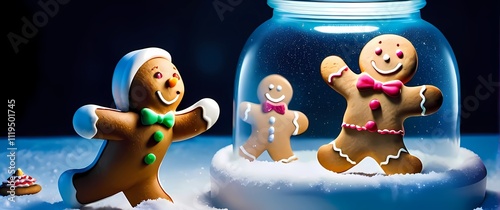 A pastel illustration of a playful gingerbread man escaping a cookie jar leaping into a snowy wonderland photo