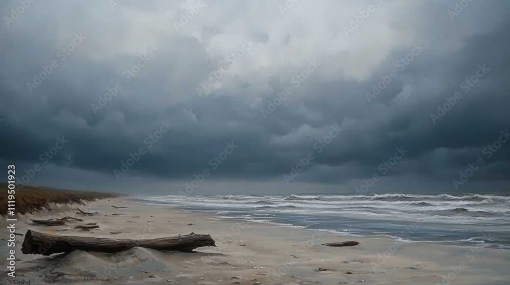 Stormy beach scene with dark clouds, waves, and driftwood on the sandy shore. Stormy beach scene with dark clouds, waves, and driftwood on the sandy shore.