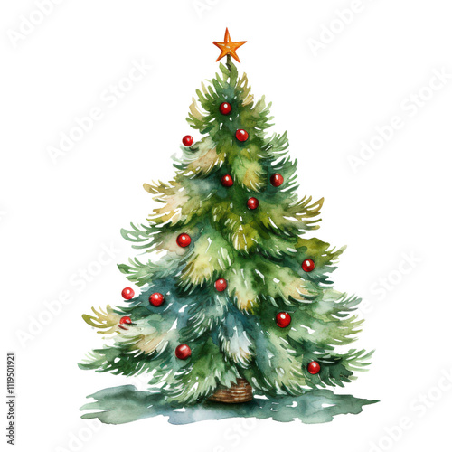 Watercolor Christmas tree traditional  isolated on transparent background Png	