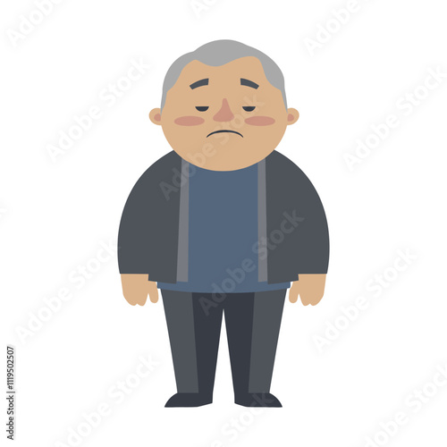 Sad Overweight Elderly Man Sitting with Concerned Expression Flat Vector Illustration