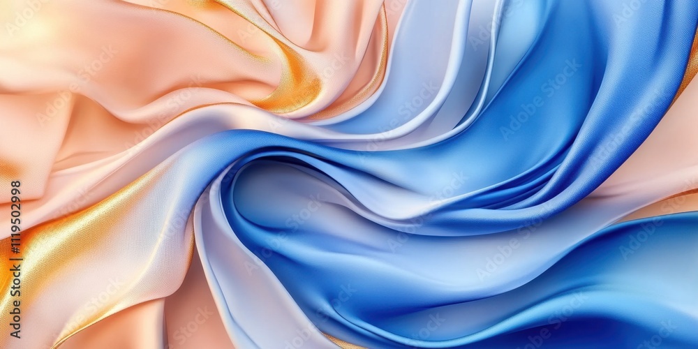 Obraz premium Abstract Swirling Silk Fabric Texture Background: Peach, Blue, and Gold Hues