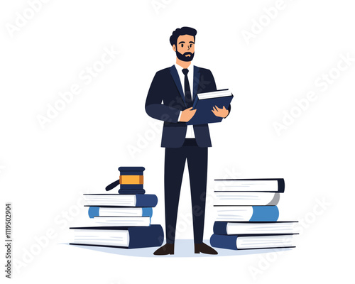 Professional Lawyer Standing with Books and Gavel in Flat Vector Illustration