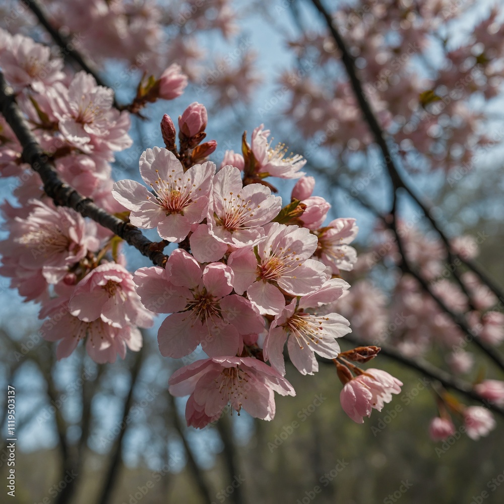 A close-up view of pink cherry blossoms with a blurred forest in the background. A close-up view of pink cherry blossoms with a blurred forest in the background.
