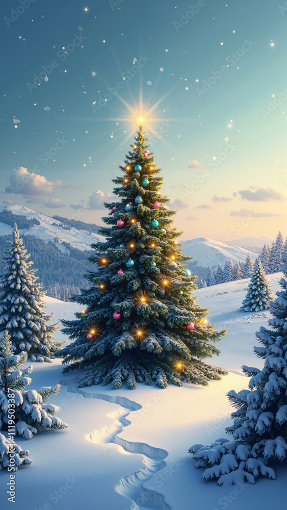 Majestätischer Weihnachtsbaum in idyllischer Winterlandschaft: Perfekt für festliche Grußkarten und saisonale Werbung