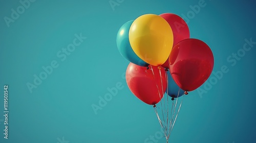 A bright and cheerful image showcasing a cluster of colorful balloons against a clear blue sky. The balloons are red, yellow, and turquoise, symbolizing joy. photo