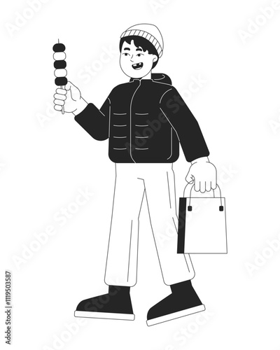 Winter outerwear japanese boy with dango on stick black and white 2D line character. Winterwear asian kid enjoying sweet rice dessert isolated vector outline person. Monochromatic spot illustration