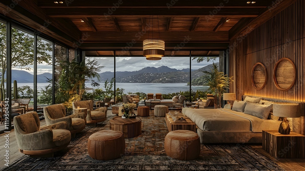 Luxurious lake view bedroom with wooden decor, comfy furniture, and stunning scenery. Luxurious lake view bedroom with wooden decor, comfy furniture, and stunning scenery.