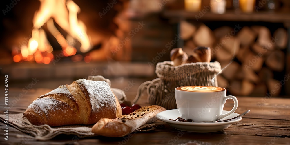Cozy morning scene with coffee and croissant by the fireplace