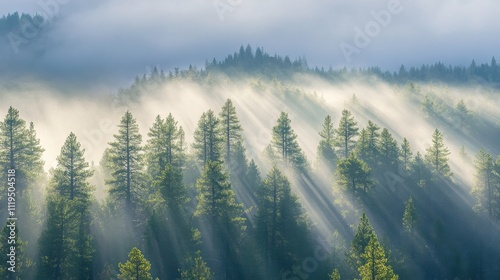 Sunbeams breaking through morning mist in a dense pine forest on a hillside.