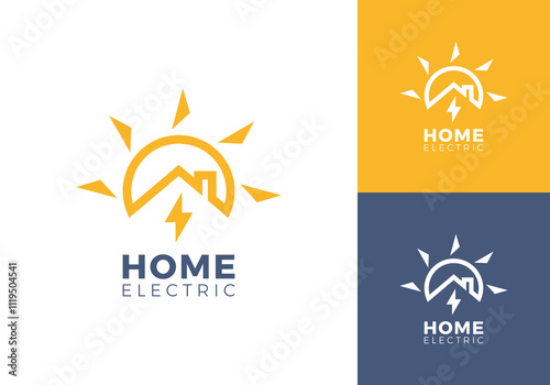 sun with home logo. solar energy and house electric design template