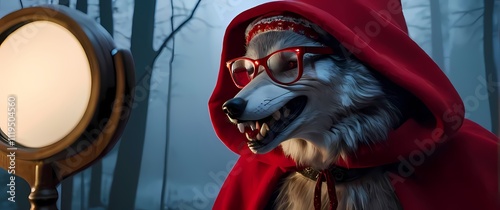 An aquarelle of a laughing wolf wearing grandmas glasses and bonnet with Little Red Riding Hood holding a mirror for him to see. Extremely detailed high resolution illustration.