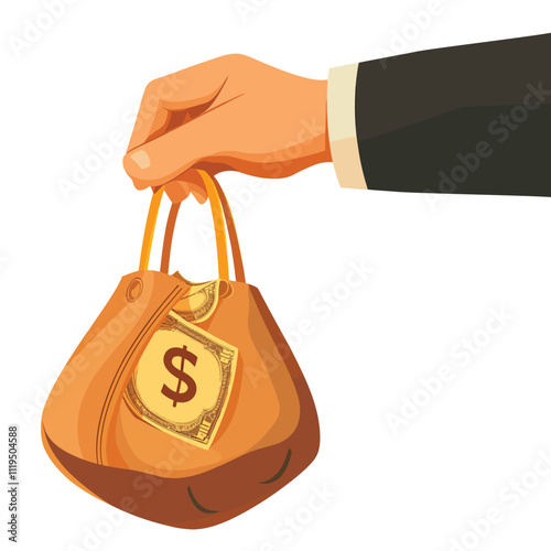 Hand Holding Money Bag with Dollar Symbol and Cash Inside Illustration