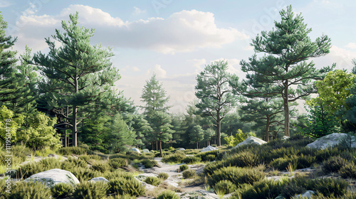 Pinus Sylvestris (Scots Pine): 3D rendering of pine trees for scene creation.