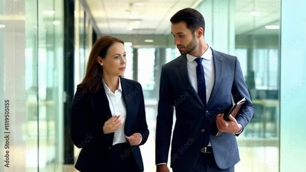 Tracking Shot of Management Consultant Walking with Executive Advising on Company Strategy in Office Hallway Tracking Shot of Management Consultant Walking with Executive Advising on Company Strategy in Office Hallway