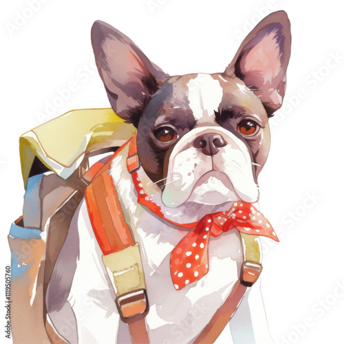 Watercolor Painting of an Adorable Dog Wearing a Backpack. This charming illustration is perfect for pet-related projects, blogs, and websites, for travel and adventure themes. photo