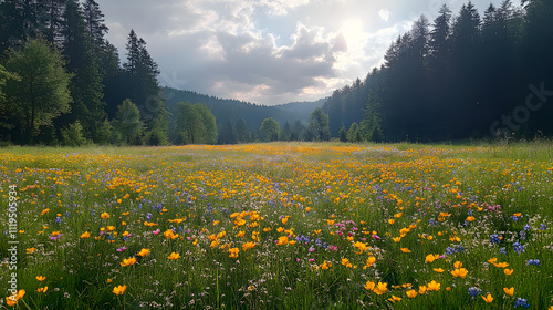 Wallpaper Mural An enchanting photography of the Black Forest during spring, with dense greenery, colorful wildflowers along the forest floor, and rays of sunlight filtering through the trees. Torontodigital.ca