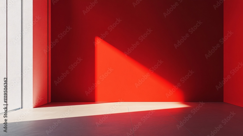 Obraz premium Sunlight entering modern minimalist red room with white floor