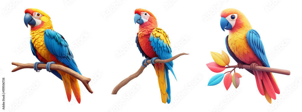 Colorful Parrots on Branches with Transparent Background