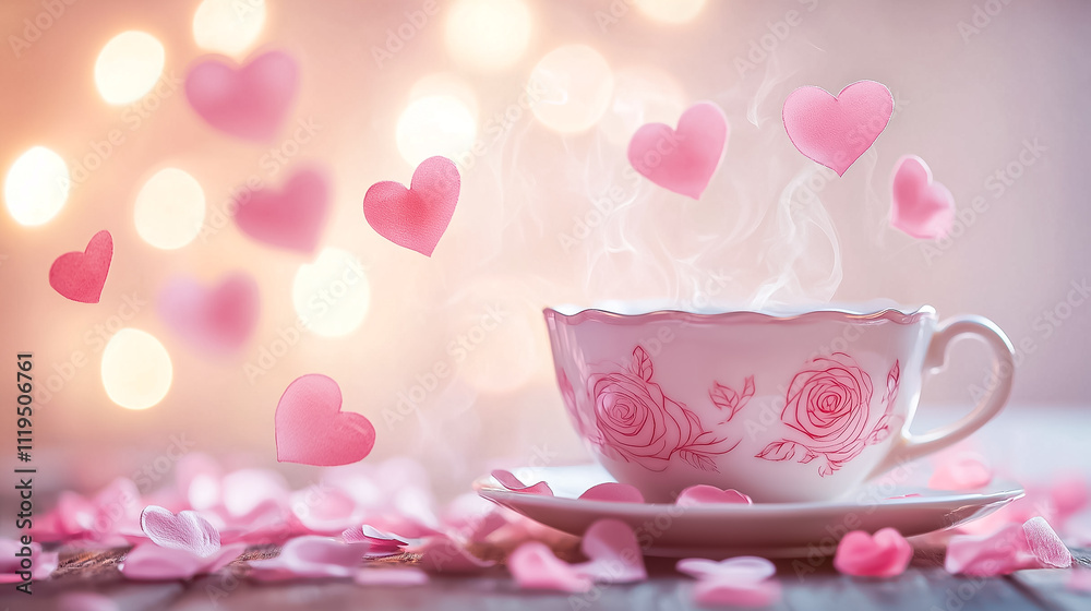 A serene teacup with a rose design sits amidst scattered petals and heart-shaped steam, creating a charming atmosphere A serene teacup with a rose design sits amidst scattered petals and heart-shaped steam, creating a charming atmosphere