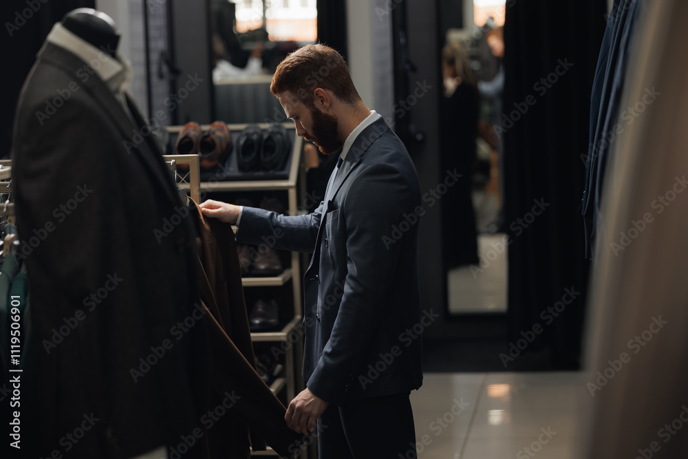 Portrait handsome client man in menswear store chooses suit. Luxury designer atelier shop Portrait handsome client man in menswear store chooses suit. Luxury designer atelier shop