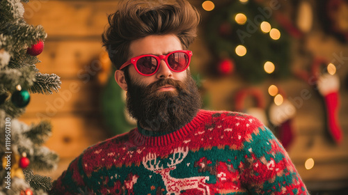 Bearded man in festive sweater and sunglasses celebrating Christmas photo