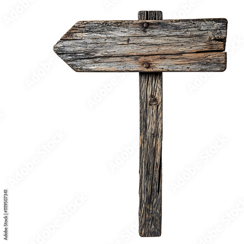 Vintage wooden signpost with aged details standing on a bright white surface photo