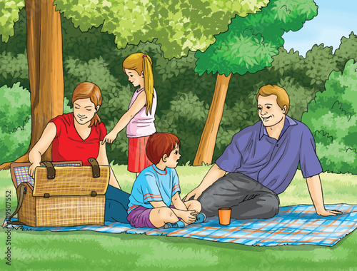 Happy family having a picnic outdoors.