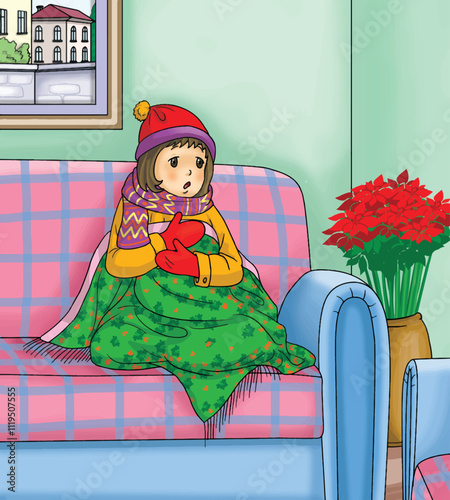 Little girl sitting wrapped in blanket in cold house.