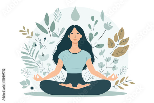 Woman Meditating in Nature Surrounded by Leaves in Flat Vector Illustration