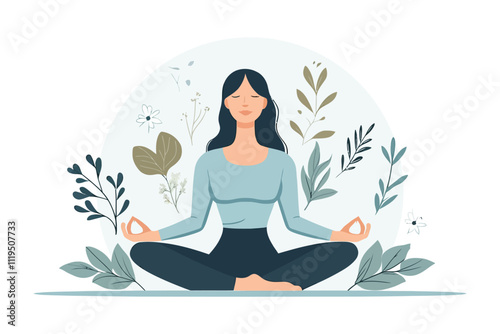 Mindful Woman Practicing Meditation with Natural Foliage in Flat Artwork