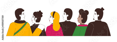 Urban diverse people in winter outerwear gazing 2D cartoon characters. Street audience multiracial adults looking watching isolated people flat vector on white background. Spot illustration colorful