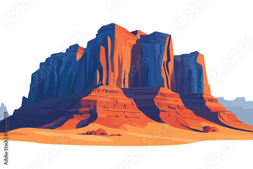 Orange and Blue Desert Mesa with Layered Rock Formations in Flat Vector Design